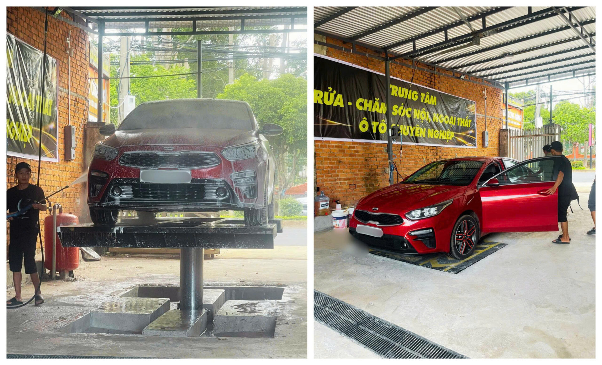 Hệ thống máy xịt rửa áp lực cao và dụng cụ cọ rửa chuyên biệt.