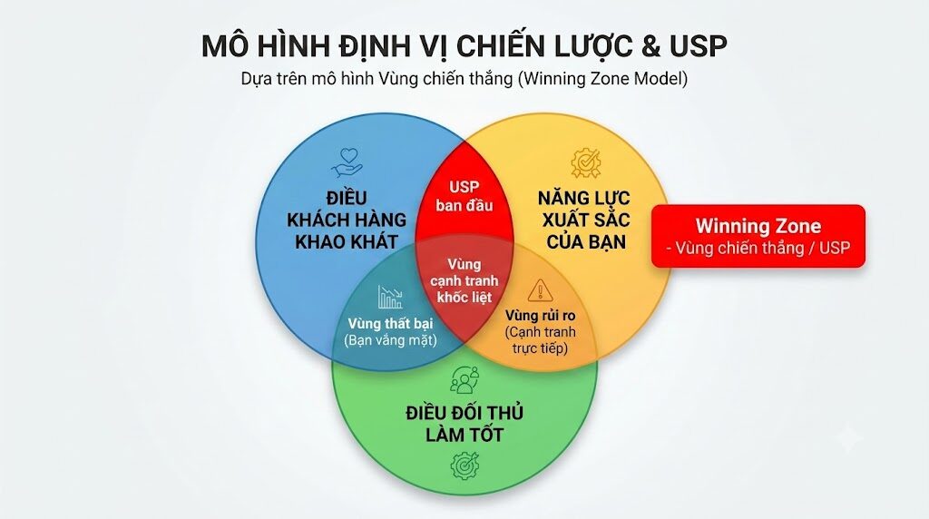 Sơ đồ Venn minh họa cách xác định Vùng chiến thắng (Winning Zone) và Lợi thế Cạnh tranh Độc nhất (USP) của doanh nghiệp.