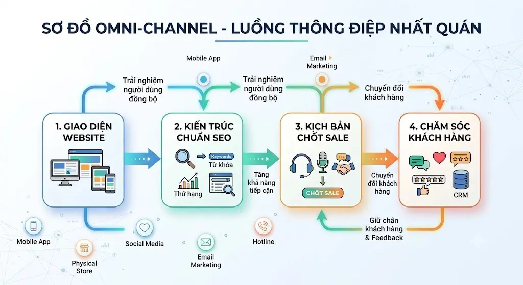 Sơ đồ Omni-channel: Luồng thông điệp nhất quán qua 4 bước.