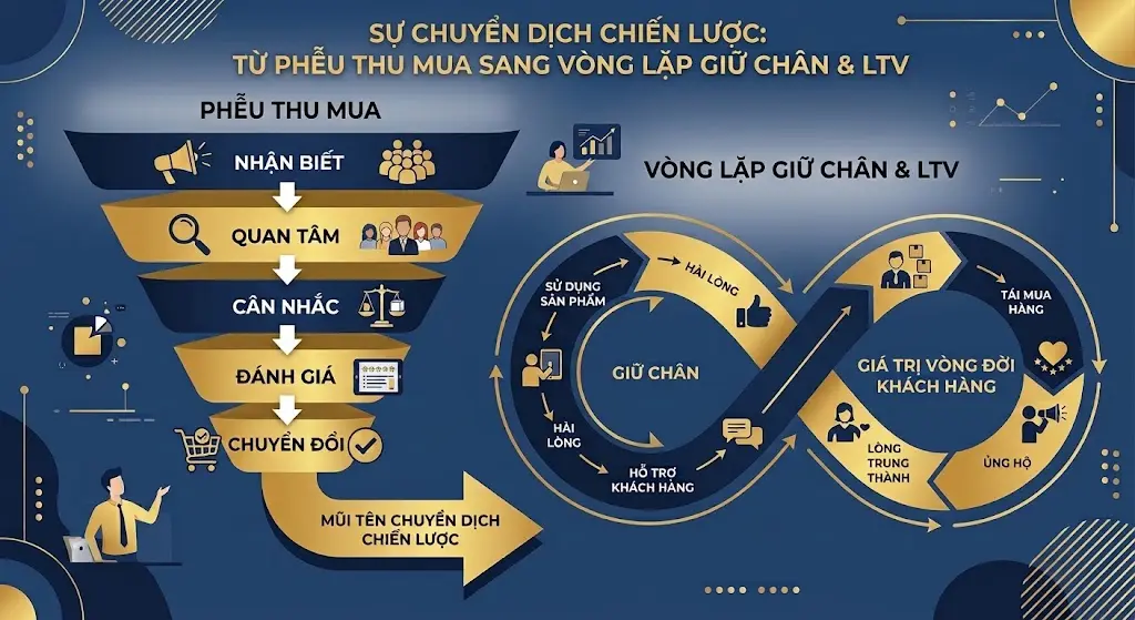 Sơ đồ minh họa sự chuyển dịch chiến lược từ Phễu thu mua (Acquisition) sang Vòng lặp giữ chân & tối ưu hóa Giá trị vòng đời khách hàng (Retention & LTV).