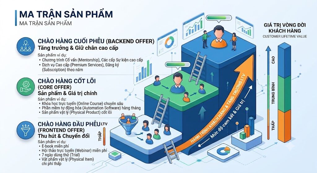 Sơ đồ Ma trận Sản phẩm minh họa hành trình khách hàng qua các cấp độ từ "Đầu Phễu" đến "Cuối Phễu", mô tả cách tăng dần mức độ cam kết và Giá trị Vòng đời Khách hàng (LTV) qua mỗi bước.