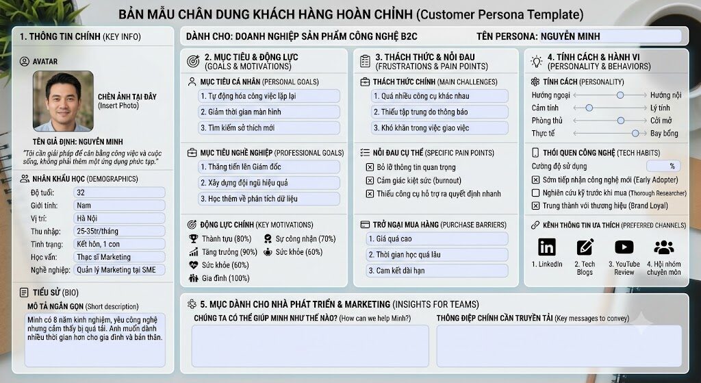 Bản mẫu Customer Persona trực quan, chia rõ các khối: Avatar, Demographics, Goals, Frustrations và Bio.