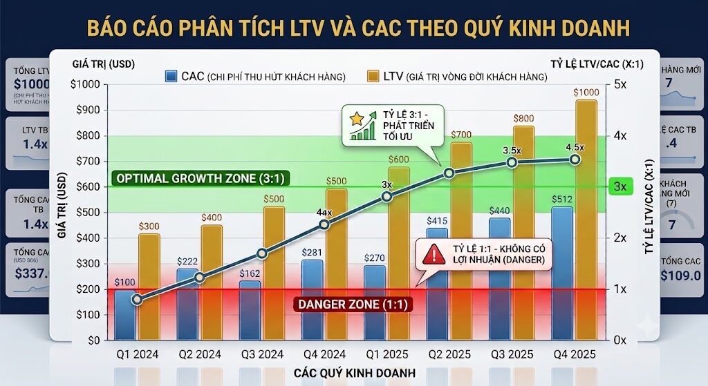 Đồ thị cột kết hợp Line Chart thể hiện sự đối quan giữa LTV và CAC qua các quý kinh doanh