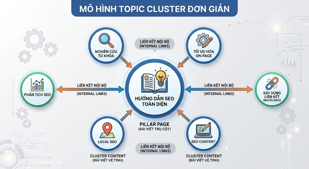 Minh họa cách xây dựng hệ thống liên kết nội bộ (Internal Link) theo mô hình Topic Cluster, giúp công cụ tìm kiếm hiểu rõ cấu trúc website và nâng cao thứ hạng từ khóa.