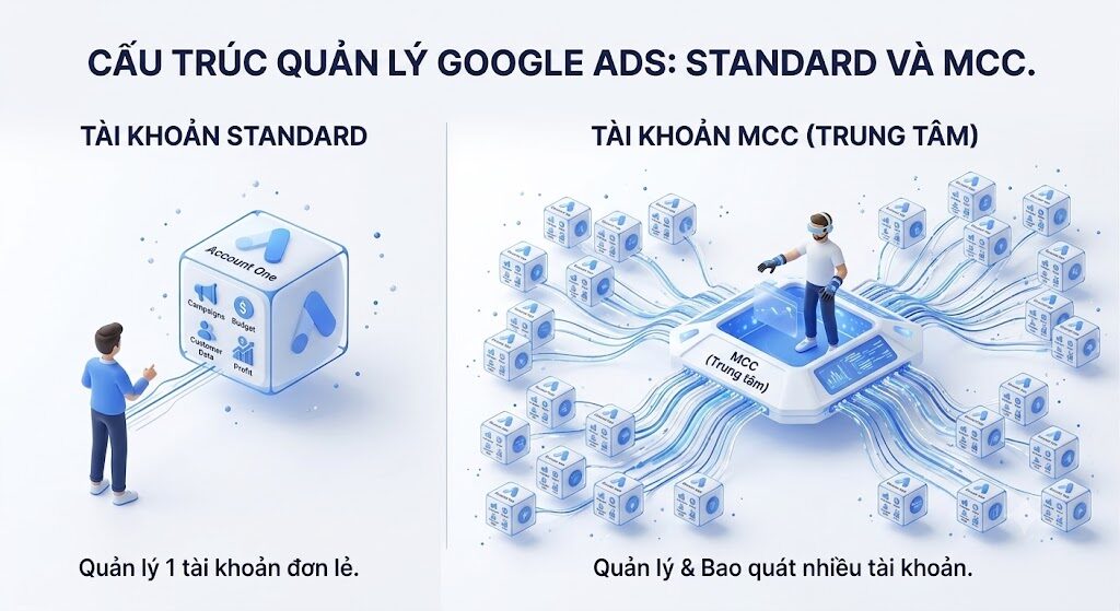 Minh họa sự khác biệt giữa quản lý đơn lẻ và quản lý tập trung trong Google Ads.